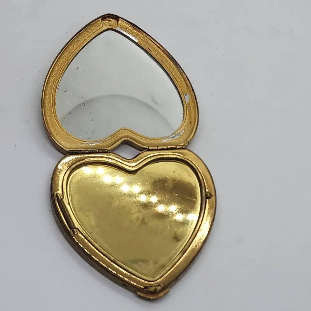 Vintage Heart Compact Lovebirds Mirror Powder Case USA Gold Tone Enamel RARE